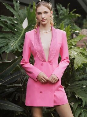 Pink Double-Breasted Blazer Dress with Textured Shawl Collar